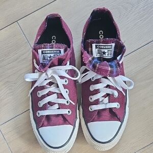 Converse Double Tongue Burgundy Plaid Low Top Sneaker Womens Size 7.5